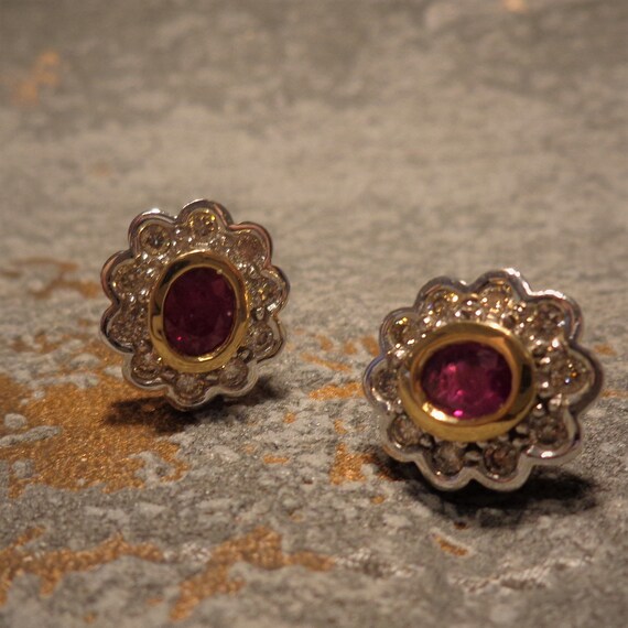 Beautiful Ruby & Diamond Cluster Stud Earrings - image 1