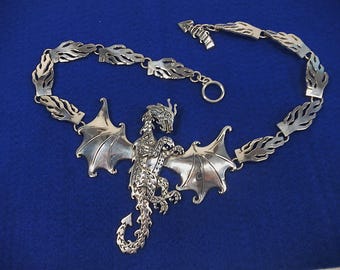 Vintage Dragon & Flames  Solid Sterling Silver Collar Necklace designed by Maria Bonita