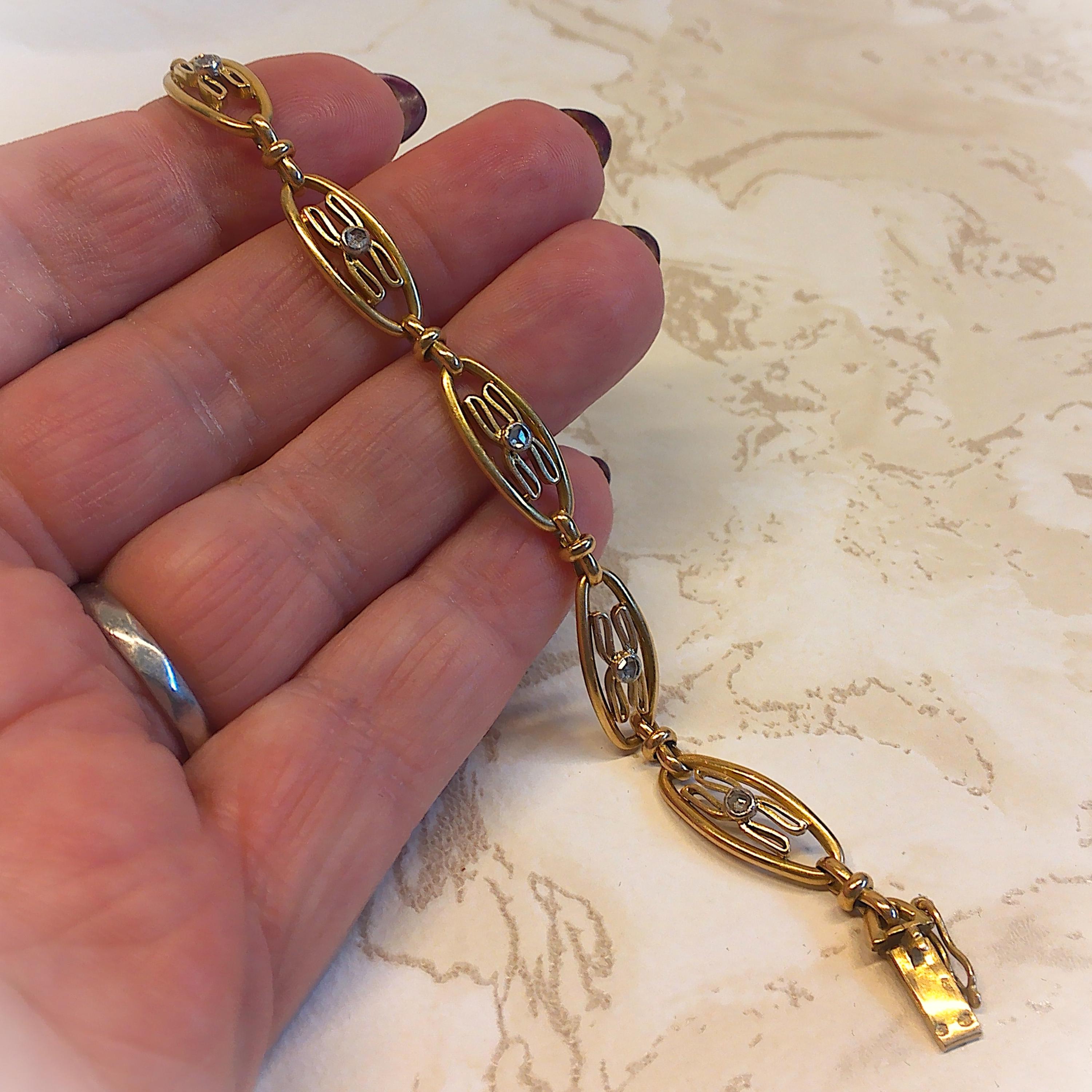 Bracelet Antique Or 18k Maille Gourmette Avec Marguerite Diamant Taille Rose - Occasion - France