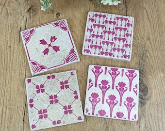 LAHOLM Pink Set of 4 charming vintage tiles / coasters / retro tiles