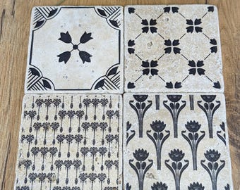 LAHOLM Black Set of 4 charming vintage tiles / coasters / retro tiles