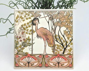 KRANICH Jugendstil Große Vintage Fliese/Retro Kachel/ Untersetzer 20x20cm