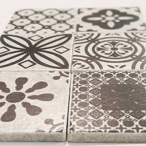 COMO Charming set of 6 vintage tiles/coasters/retro tiles antique marble grey on white