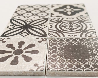 COMO Charming set of 6 vintage tiles/coasters/retro tiles antique marble gray on white