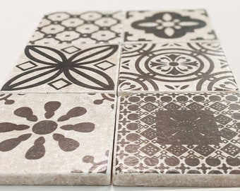 COMO Charming set of 6 vintage tiles/coasters/retro tiles antique marble grey on white