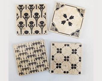 LAHOLM Black Set of 4 enchanting vintage tiles / coasters / retro tiles