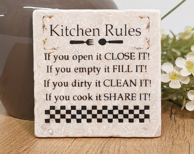 Featured listing image: KITCHEN RULES - Kitchen decoration saying tile/ travertine tile / coaster