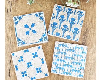 LAHOLM Blue Set of 4 enchanting vintage tiles / coasters / retro tiles