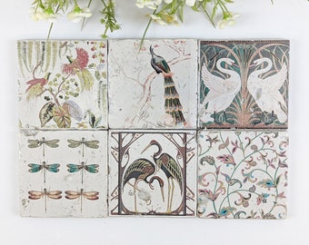 PLUMES set of 6 DESIGN tiles / coasters / retro tiles Art Nouveau