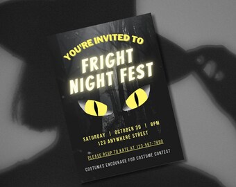 May include: A black invitation card with the text "YOU'RE INVITED TO FRIGHT NIGHT FEST" in white and yellow. The card features yellow cat eyes and event details: Saturday, October 30, 8 PM, and a phone number. Costumes are encouraged.