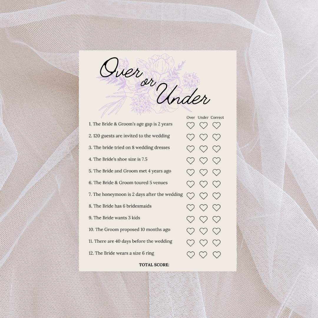 Bridal Shower Game: Over or Under Printable (digital Download) - Etsy