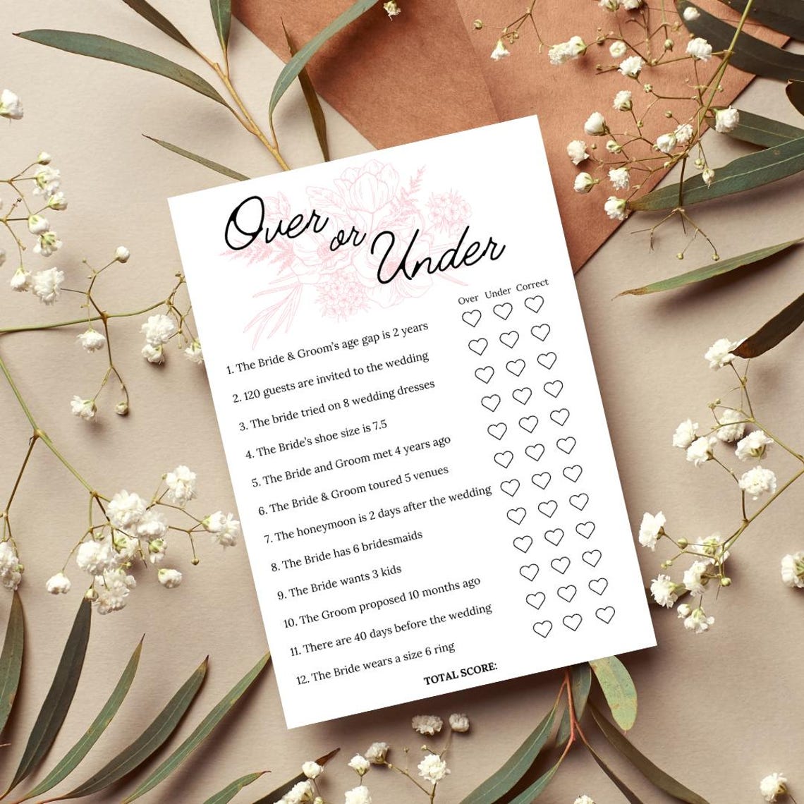 Bridal Shower Game: Over or Under Printable (digital Download) - Etsy