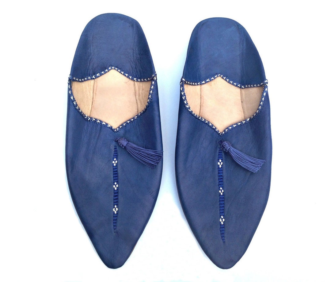 Cobalt Blue Leather Slippers. Blue Leather Babouches. Moroccan - Etsy UK