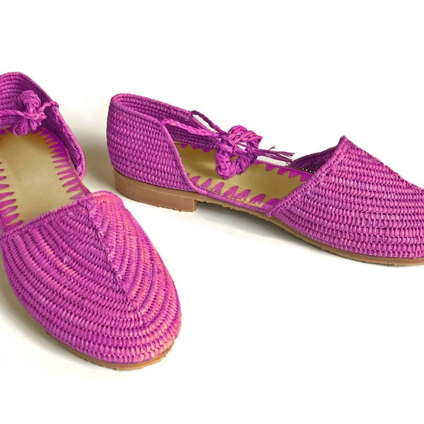 Pink Summer Shoes. Fuschia Sandals. Raffia Lace-ups. Handmade Raffia Shoes. Raphia Sandals. Raffia Espadrilles. Sandales Fushia Raphia Shoes