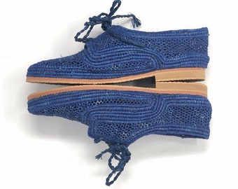 Blue Raffia Shoes. Women Lace Up Shoes. Raffia Lace Up Flats. Blue Oxford Shoes. Raphia Summer Shoes. Women Flats. Lace Up. Handmade Shoes