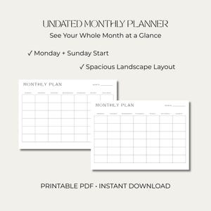 Puede incluir: Un planificador mensual sin fecha con diseño horizontal. El texto dice: UNDATED MONTHLY PLANNER, See Your Whole Month at a Glance, Monday + Sunday Start, Spacious Landscape Layout, MONTHLY PLAN, MONTH, PRINTABLE PDF INSTANT DOWNLOAD.