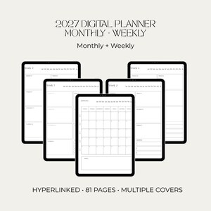 Puede incluir: Una agenda digital 2027 con diseños mensuales y semanales en cinco pantallas de tableta. La interfaz incluye navegación con hipervínculos, 81 páginas y varias portadas. El texto dice 2027 DIGITAL PLANNER MONTHLY + WEEKLY.