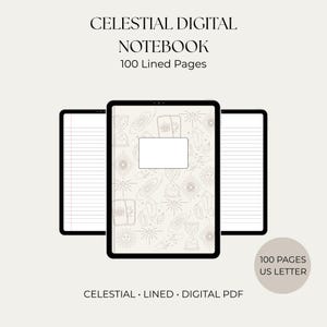 Puede incluir: Un cuaderno digital con 100 páginas rayadas en tamaño US Letter. La portada presenta un fondo beige con dibujos de líneas finas en marrón de motivos celestiales, incluyendo soles, lunas, cristales y relojes de arena, y un rectángulo blanco.