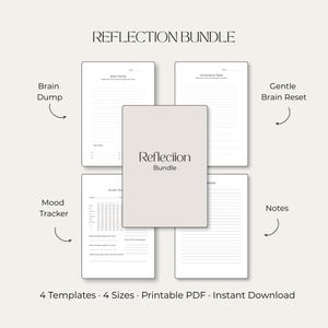 Puede incluir: Un conjunto de planificadores digitales Reflection Bundle que incluye cuatro plantillas distintas: Brain Dump, Gentle Brain Reset, Mood Tracker y Notes. La portada central muestra el texto Reflection Bundle, rodeado por cuatro diseños de página.
