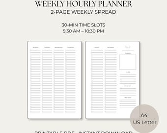 Puede incluir: Un planificador semanal por horas con una distribución de dos páginas que incluye franjas horarias de 30 minutos de 5:30 a. m. a 10:30 p. m. El diseño incluye columnas de lunes a domingo, una lista de tareas, una sección importante y un área para la próxima semana. Disponible en tamaños A4 y US Letter.
