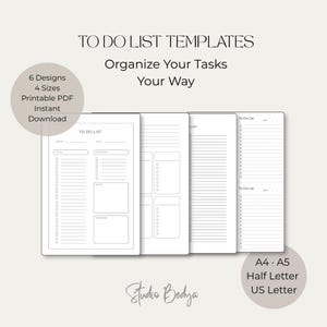 Puede incluir: Un conjunto de plantillas imprimibles de listas de tareas con seis diseños en cuatro tamaños: A4, A5, half letter y US letter. Las plantillas incluyen secciones para tareas, prioridades y notas con casillas y líneas. Texto: TO DO LIST TEMPLATES, Organize Your Tasks Your Way, 6 Designs, 4 Sizes, Printable PDF, Instant Download, Studio Bedya.