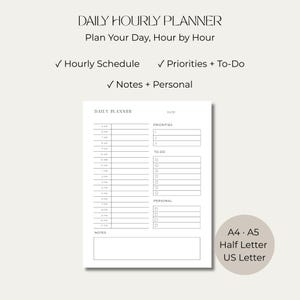Puede incluir: Una hoja de planificador diario por horas en blanco con texto y líneas negras. El diseño incluye secciones para un horario de 5 AM a 10 PM, prioridades, listas de tareas, tareas personales y un cuadro de notas. Texto: Daily Hourly Planner, Plan Your Day, Hour by Hour, A4, A5, Half Letter, US Letter.