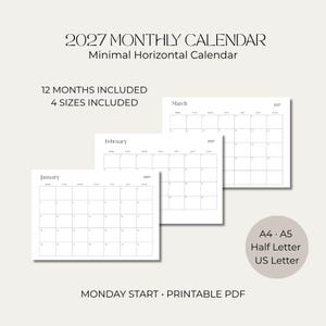 Puede incluir: Un calendario mensual de 2027 con diseño horizontal, que incluye 12 meses y 4 tamaños: A4, A5, Half Letter y US Letter. El diseño en PDF imprimible muestra un inicio en lunes con texto negro sobre fondo blanco y líneas de cuadrícula.