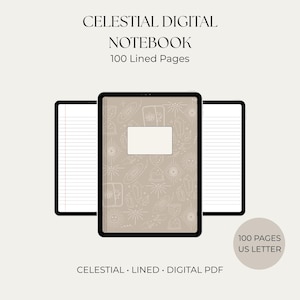 Puede incluir: Un cuaderno digital con 100 páginas rayadas en tamaño US Letter. La portada beige tiene dibujos de líneas blancas de símbolos celestiales, cristales y relojes de arena, con una etiqueta rectangular vacía. Texto: CELESTIAL DIGITAL NOTEBOOK.