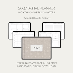 Puede incluir: Un planificador digital 2027 titulado Celestial Doodle Edition con diseños mensuales, semanales y de notas. La pantalla muestra una portada con iconos celestiales, un calendario de enero, un resumen anual y páginas semanales. Es una descarga digital hipervinculada de 76 páginas en formato carta estadounidense horizontal.
