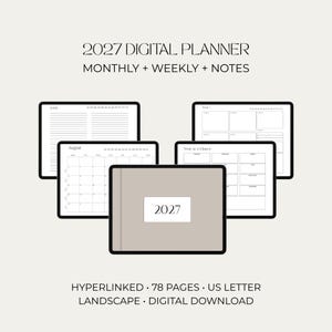 Puede incluir: Una agenda digital 2027 con páginas mensuales, semanales y de notas. La pantalla muestra una portada beige con el texto 2027, un calendario de agosto, una vista anual y una página de notas rayadas. Archivo horizontal de 78 páginas con hipervínculos.