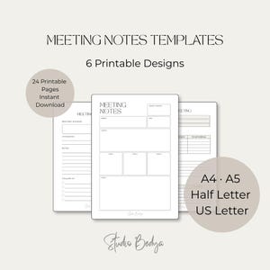 Puede incluir: Un conjunto de plantillas para notas de reuniones con 6 diseños imprimibles en 24 páginas. El texto incluye Meeting Notes Templates, 6 Printable Designs, 24 Printable Pages Instant Download y los tamaños A4, A5, Half Letter, US Letter.