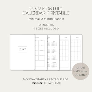 Puede incluir: Un calendario mensual imprimible para 2027 con un diseño minimalista. El conjunto incluye 12 meses y 4 tamaños: A4, A5, Half Letter y US Letter. Las páginas comienzan en lunes, y el texto 2027 MONTHLY CALENDAR PRINTABLE aparece en el planificador.