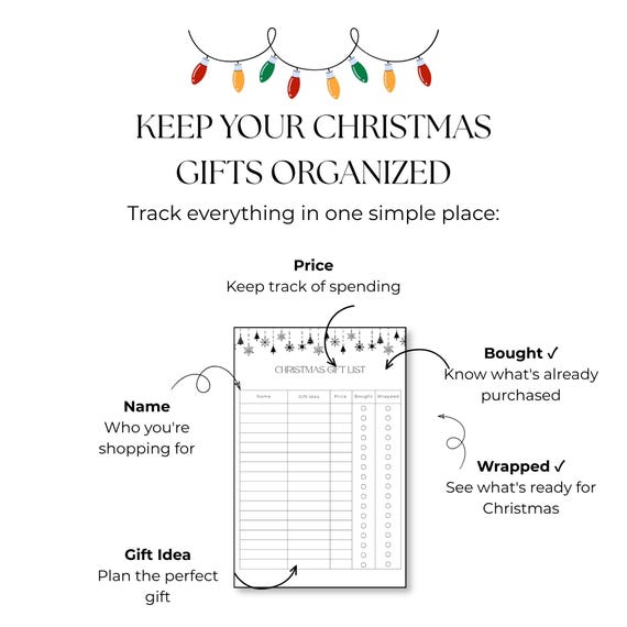 Christmas Gift List Printable | Christmas Gift Tracker | Christmas Shopping List | Gift Planner | A4 A5 Half Letter US Letter