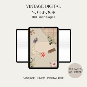 Puede incluir: Un cuaderno digital con 100 páginas rayadas en tamaño US Letter. La pantalla de la tableta muestra una portada de estilo vintage con ilustraciones florales, una cinta, un boleto y un sobre. El texto dice VINTAGE DIGITAL NOTEBOOK.