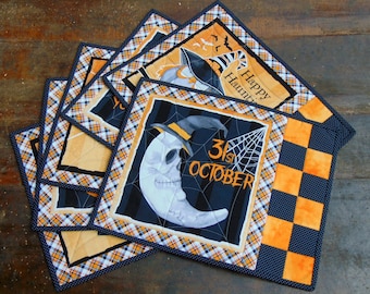 Manteles individuales acolchados de Halloween hechos a mano, decoración de mesa que brilla en la oscuridad, juego de 6
