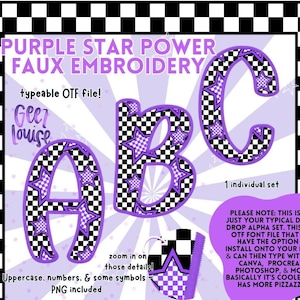 Puede incluir: Un diseño digital con las letras A, B y C en un estilo de bordado falso. Las letras son moradas con un patrón de cuadros y acentos de estrellas. El diseño incluye el texto "Purple Star Power Faux Embroidery" y "typeable OTF file!"