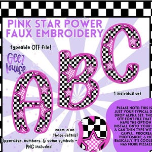 Puede incluir: Conjunto de fuentes digitales Pink Star Power Faux Embroidery con las letras A, B y C. Las letras tienen un contorno rosa, un patrón de cuadros y acentos de estrellas. Incluye un archivo PNG. El texto en la imagen dice "typeable OTF file!"