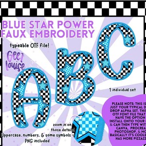 Puede incluir: Conjunto de diseño digital con las letras A, B y C en un estilo de bordado falso. Las letras tienen contornos a cuadros en blanco y negro con acentos de estrellas azul claro. El texto "BLUE STAR POWER FAUX EMBROIDERY" está en la parte superior.