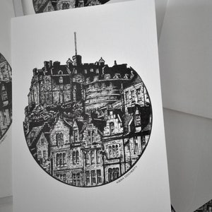 Edinburgh Castle from the Grassmarket. Greetings Card (blank) Illustration by Kiera Docherty in Pen and ink. Scottish History