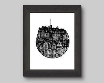 May include: Black and white line art illustration of a city skyline with buildings and a tower. The illustration is in a circle shape.