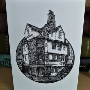 La casa di John Knox. Biglietto di auguri (vuoto) con illustrazione a penna e inchiostro di Kiera Docherty. Storia scozzese, Royal Mile, Edimburgo