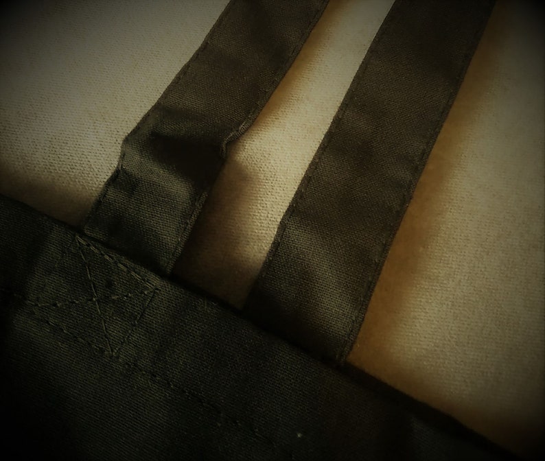 May include: Close-up of a dark green tote bag with two matching straps. The straps are sewn onto the bag with visible stitching. The background is a light beige fabric.