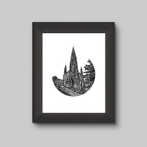 Monumento a Scott, Princes Street, Edimburgo, Scozia. Stampa artistica giclée di illustrazione a penna e inchiostro di Kiera Docherty.