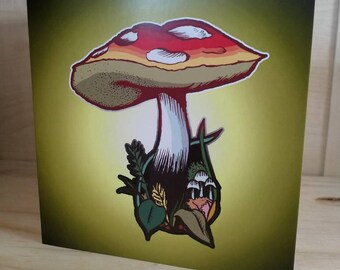 May include: A red and yellow mushroom with white spots, surrounded by green leaves and small white mushrooms. The mushroom is on a yellow background.