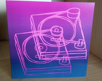 May include: A pink and blue gradient card with a line drawing of a record player in pink.