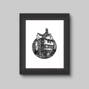 May include: Black and white line drawing of a historic building with a circular frame. The building has a unique, asymmetrical design with multiple levels and windows.