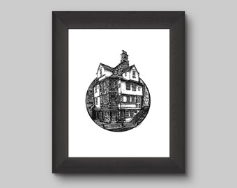 May include: Black and white line drawing of a historic building with a circular frame. The building has a unique, asymmetrical design with multiple levels and windows.