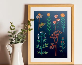 May include: A framed print of a stylized floral design with various flowers and plants in shades of red, orange, green, and white on a dark blue background.