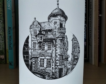 May include: Black and white ink drawing of a building with a tower, a street lamp, and a circular frame. The drawing is on a white background.