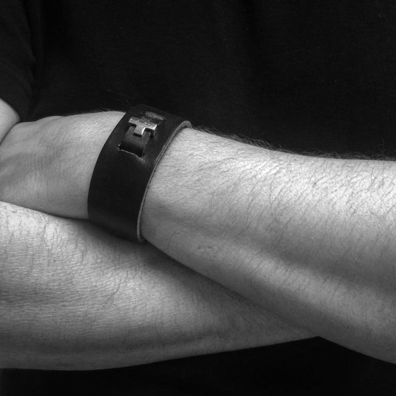 SAME PLUSY bracelet MAN leather bracelet with silver plus Leather bracelet with silver cross Cross bracelet rock style bracelet image 7